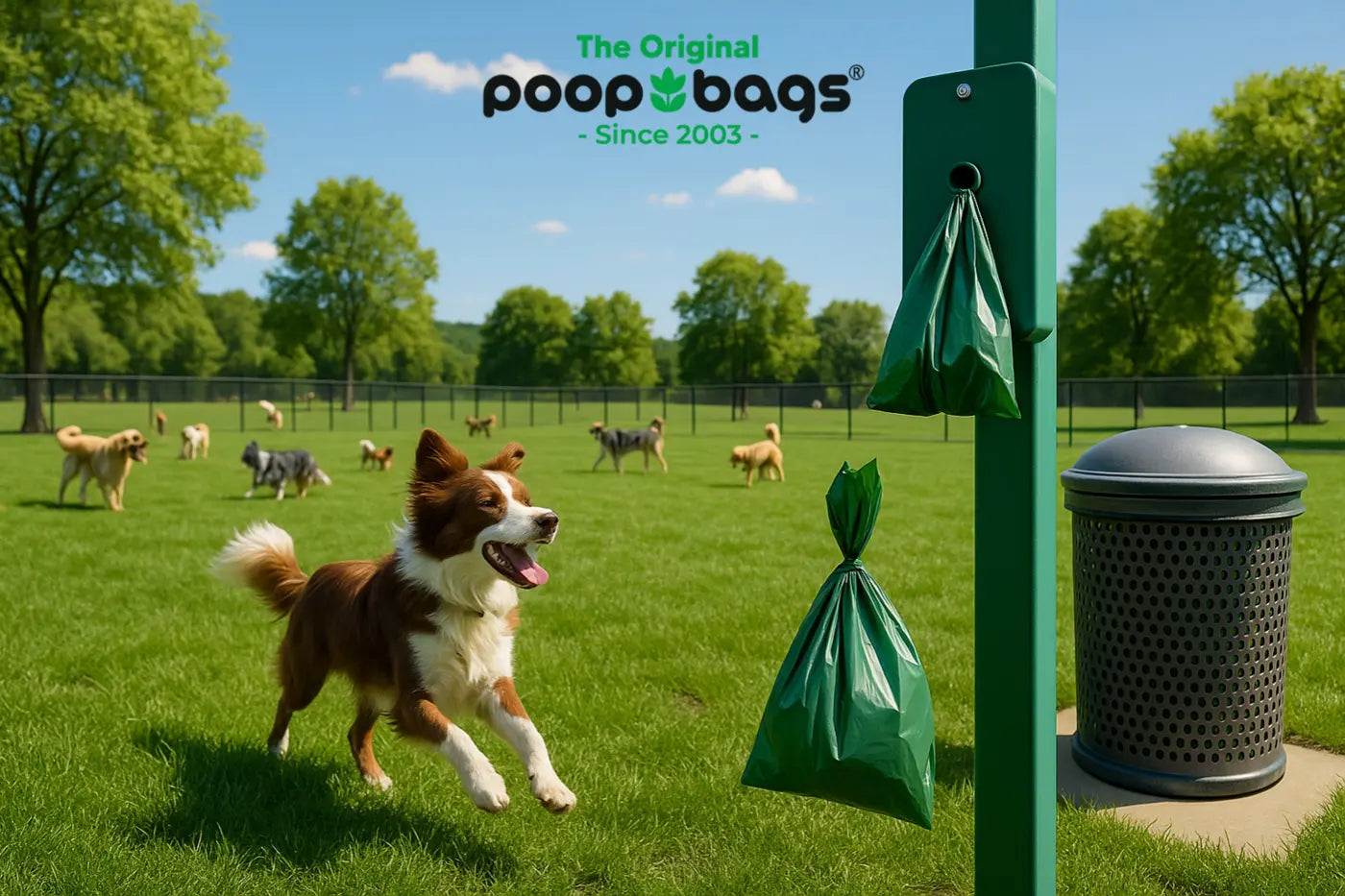 Green poop bag dispenser mounted on a post beside a trash can at a busy dog park.