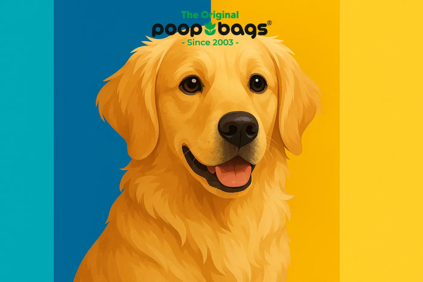 Illustrated golden retriever against teal, blue, and yellow bands showing what colors dogs can see.