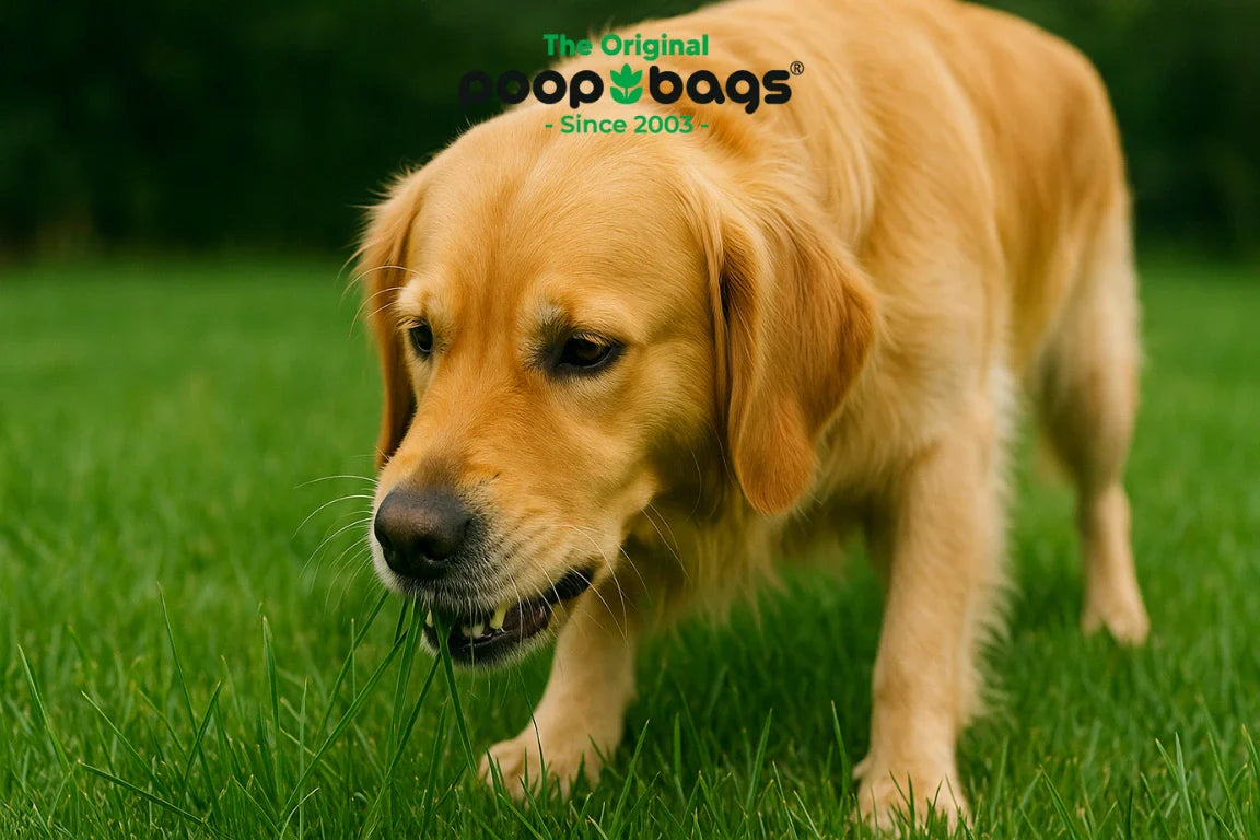 Golden retriever grazing on green grass in a sunny outdoor yard.