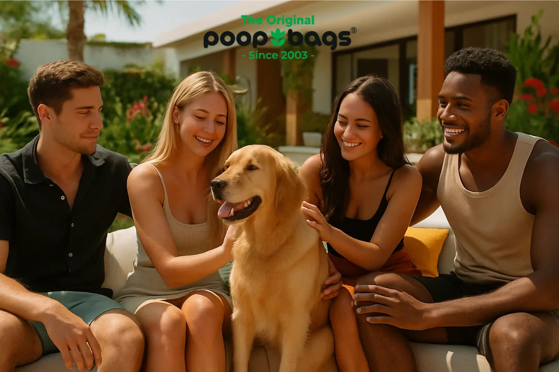 Golden retriever offering emotional support to four smiling friends on a sunny villa sofa.