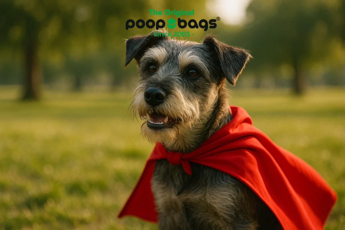 Scruffy terrier in a red superhero cape sits in a sunlit grassy park.