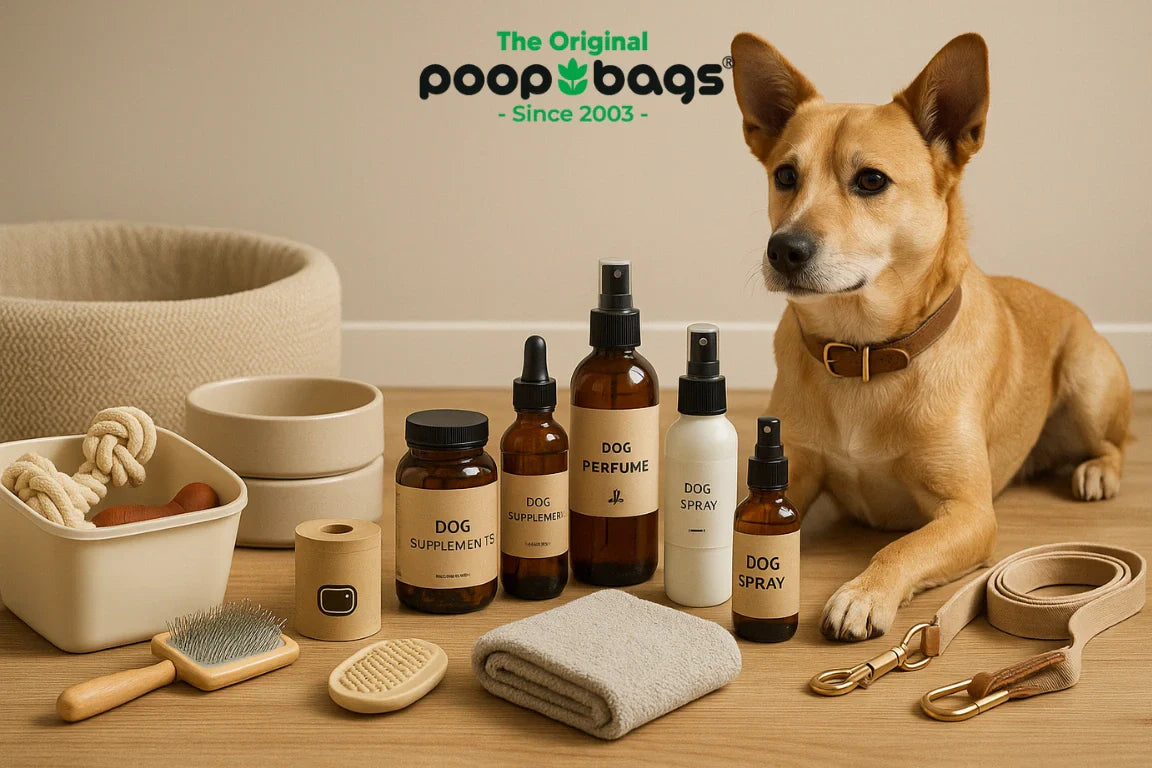 Tan dog lounging beside dog wellness products: supplements, sprays, grooming brushes, a bed and leash.