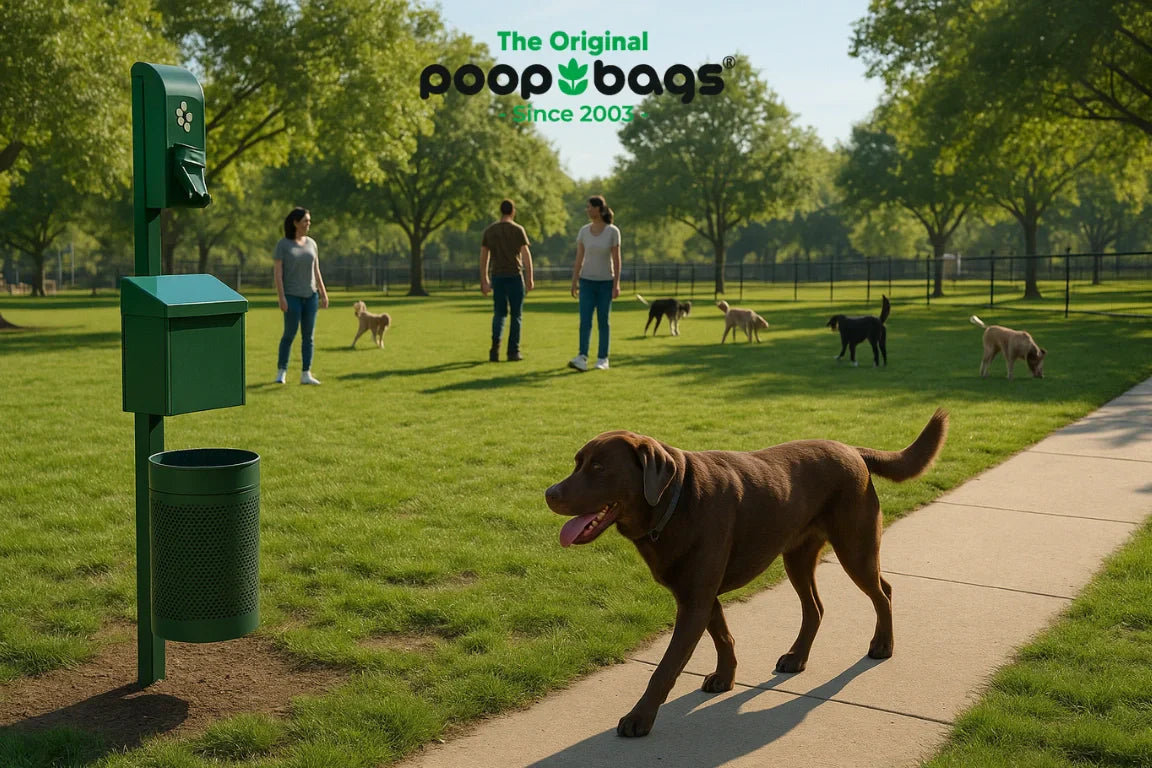 Green poop bag dispenser station in a fenced dog park as a Labrador walks the path.