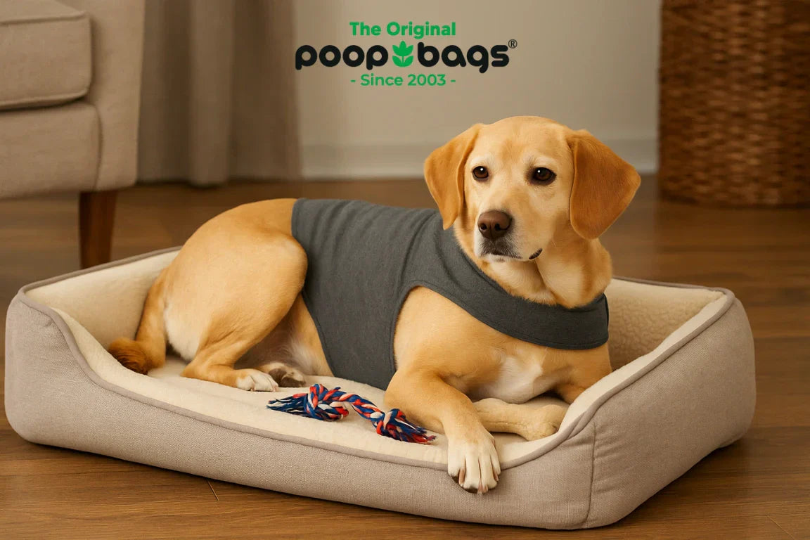 Yellow Labrador wearing a grey anxiety wrap vest, resting calmly in a cozy dog bed.