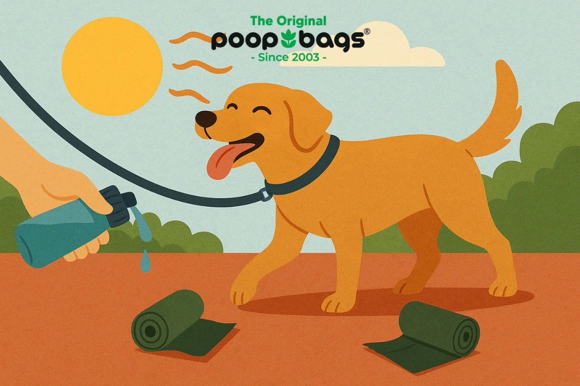 Illustrated dog on a leash under a hot sun, staying hydrated on a summer walk.