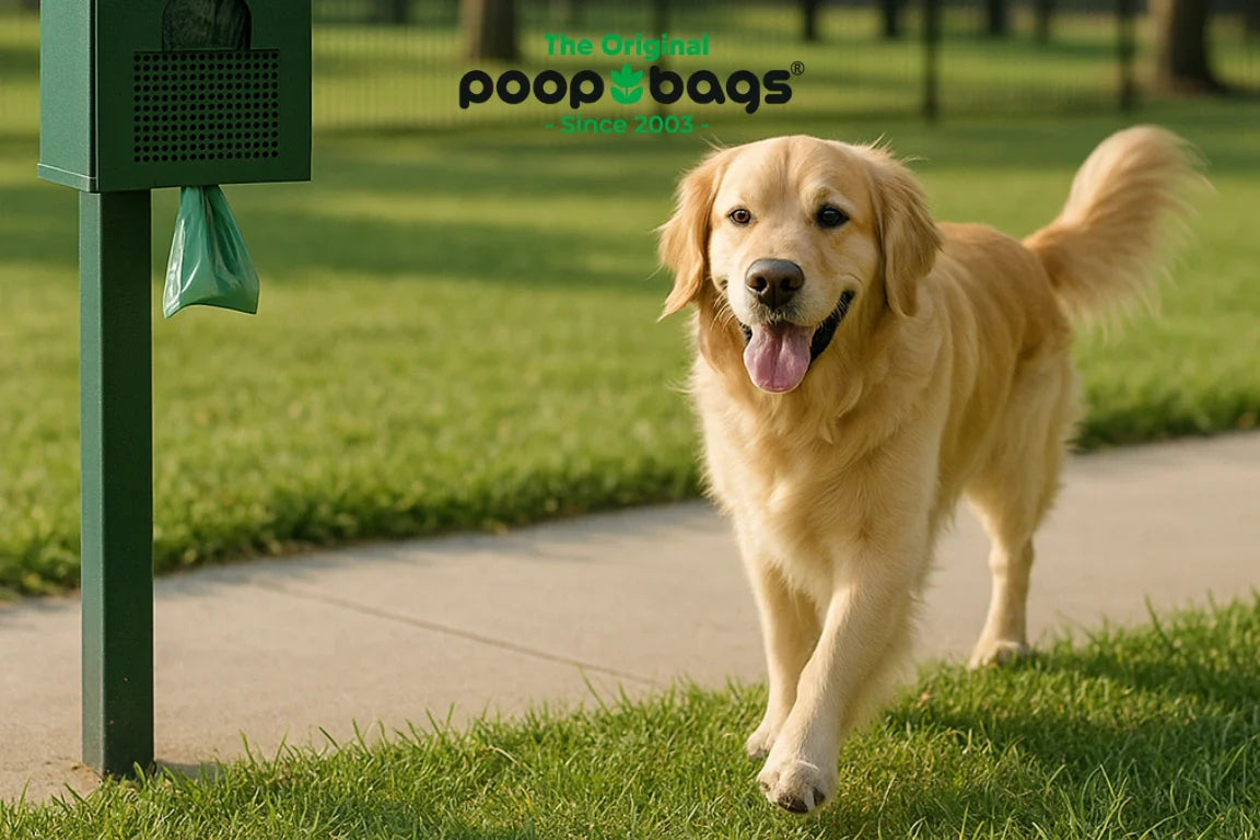 Golden retriever walking a park path past a green dog waste bag dispenser station.