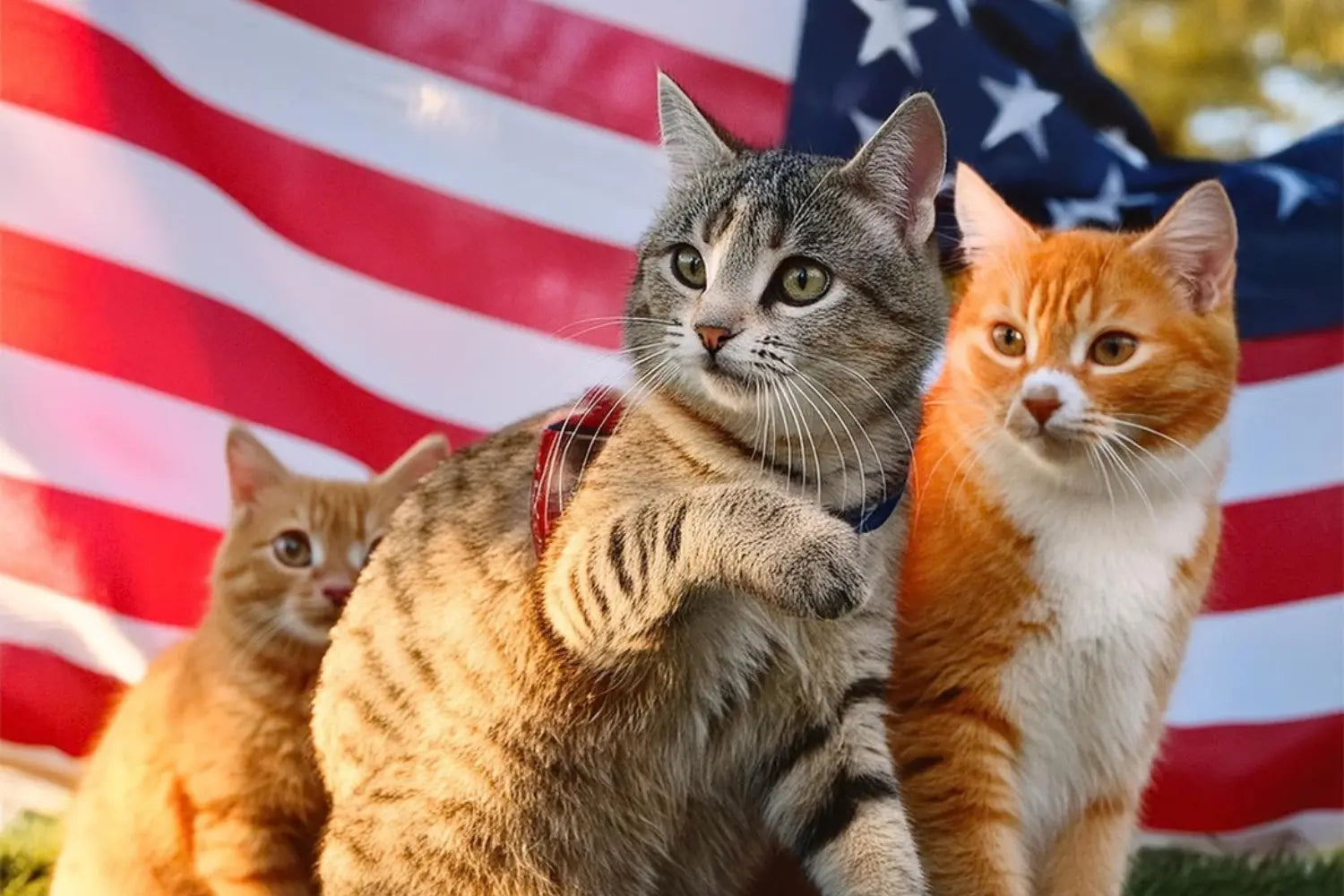 Cat litter box liners brand hero image featuring three tabby cats posing confidently in front of an American flag.