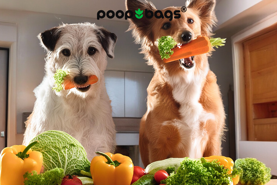 Two dogs holding carrots in their mouths behind a spread of fresh vegetables in a kitchen.