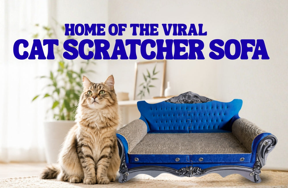 Long-haired cat beside Catfidence bamboo litter boxes and a blue cat scratcher sofa.