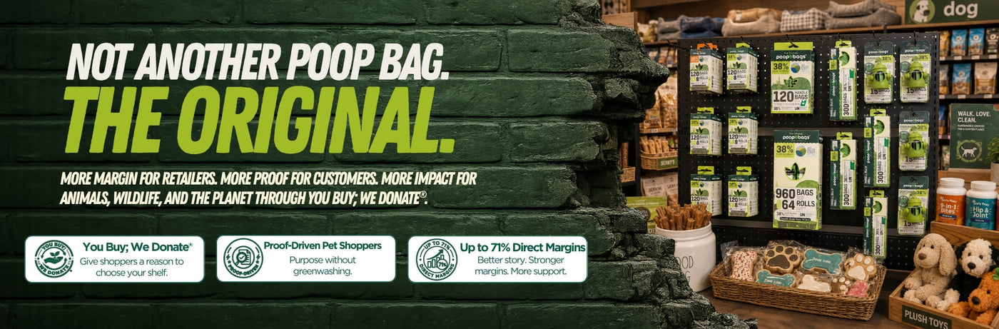Wholesale banner with cases of plant-based dog poop bag rolls stacked in bulk.