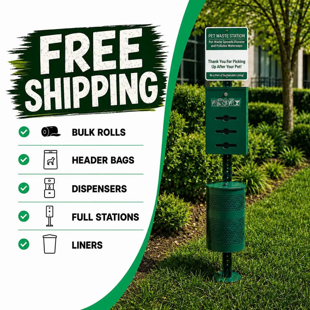 Our commercial poop bags and dispensers are designed for parks, apartments, and public spaces. We offer both rolls and header bags, along with corresponding dispensers for complete pet waste management.