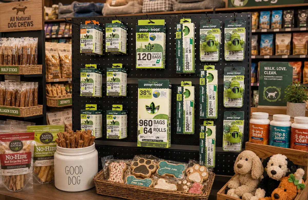 Wholesale banner with cases of plant-based dog poop bag rolls stacked in bulk.