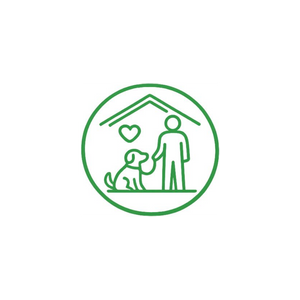 Green circular icon showing house with person and dog, representing dog poop bags for pet owners