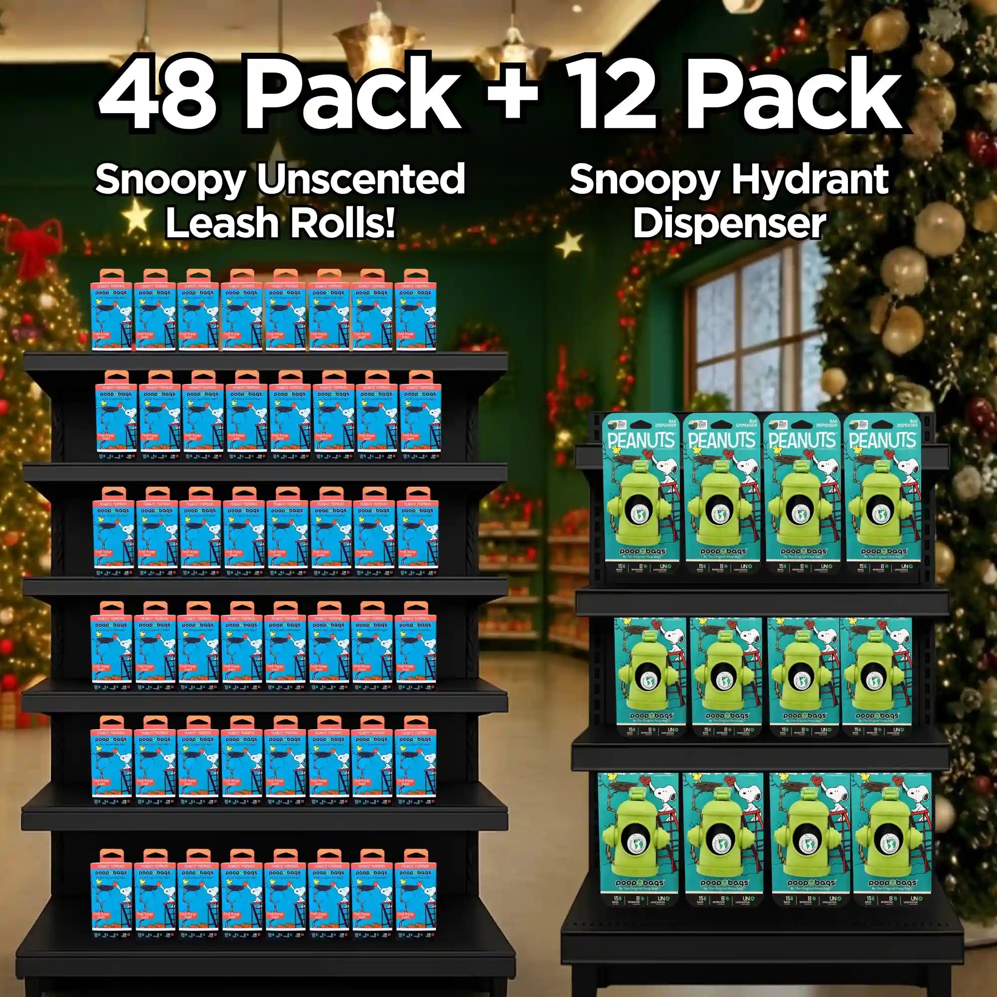 Retail display of Peanuts Snoopy unscented dog poop bag rolls and green hydrant dog poop bag dispensers in a holiday store.