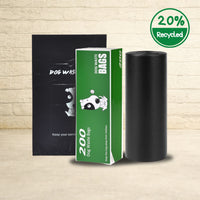 The Original Poop Bags 200 count recycled dog waste bags with black roll and green retail box featuring 20 percent recycled material.