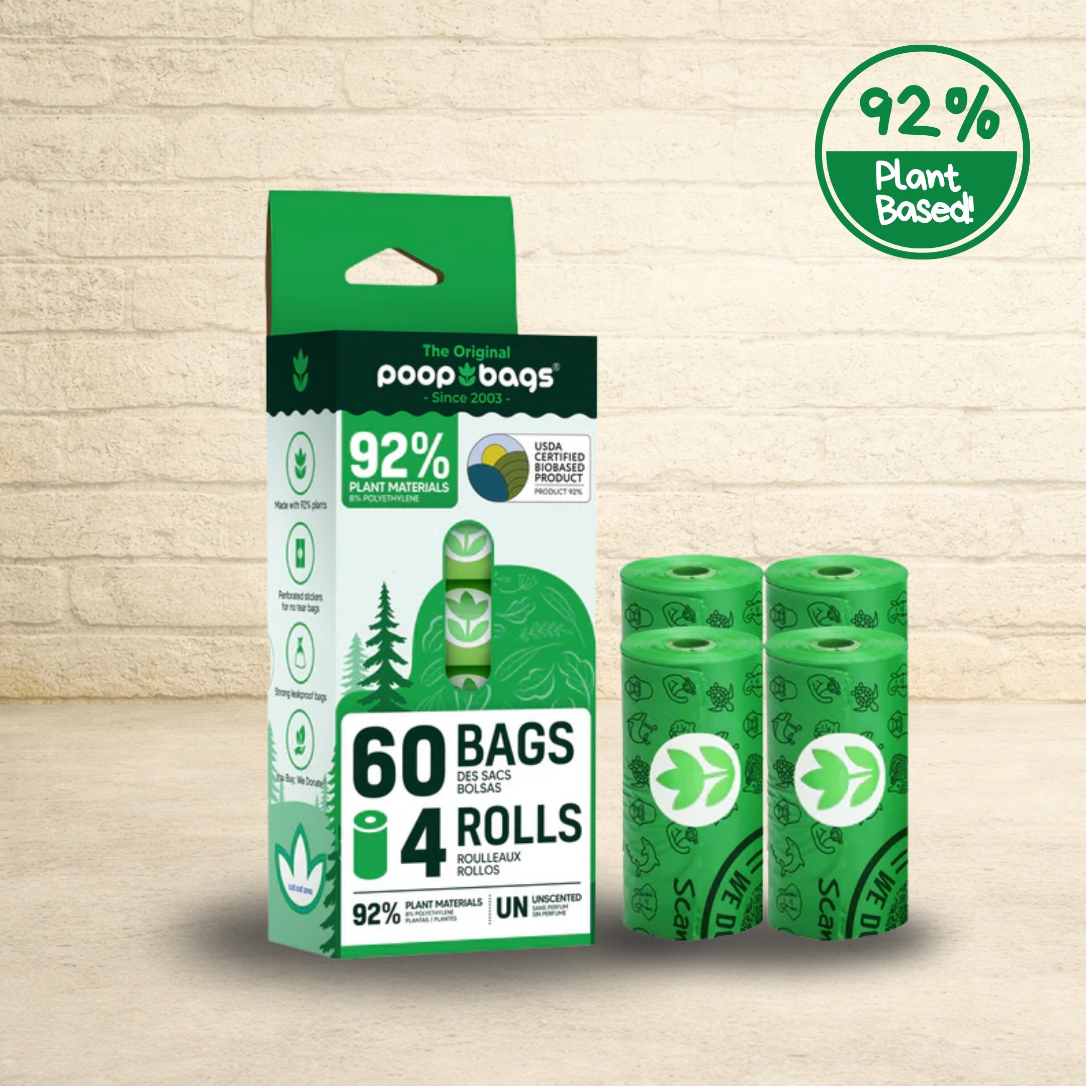 The Original Poop Bags 92 percent plant-based pack with 60 unscented bags in four green compostable rolls and retail packaging.