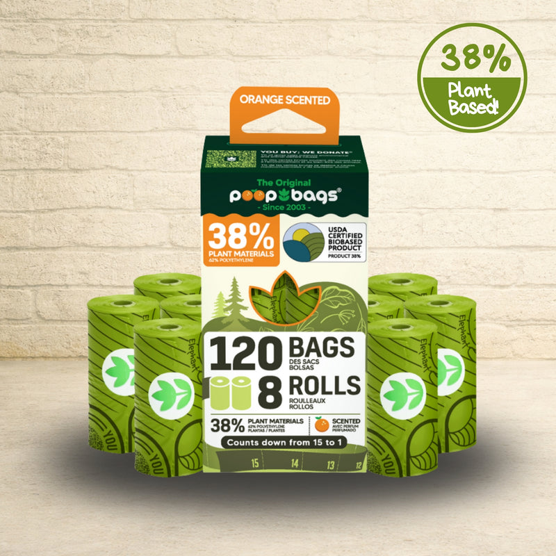 The Original Poop Bags orange-scented 120 bag pack with eight green 38 percent plant-based rolls and countdown numbering.