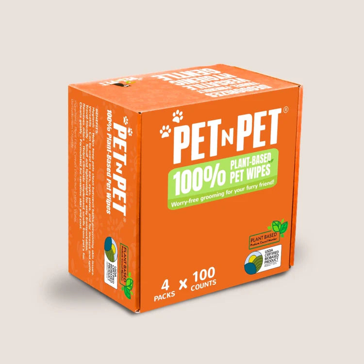 Pet n Pet 100% plant-based pet wipes multipack box with four 100-count packs and USDA certified organic branding on orange packaging.