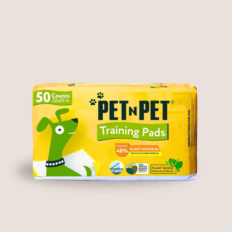 Pet n Pet dog training pads in a 50-count package, 22x23 inch size, made with 48% plant material and 5-layer protection.