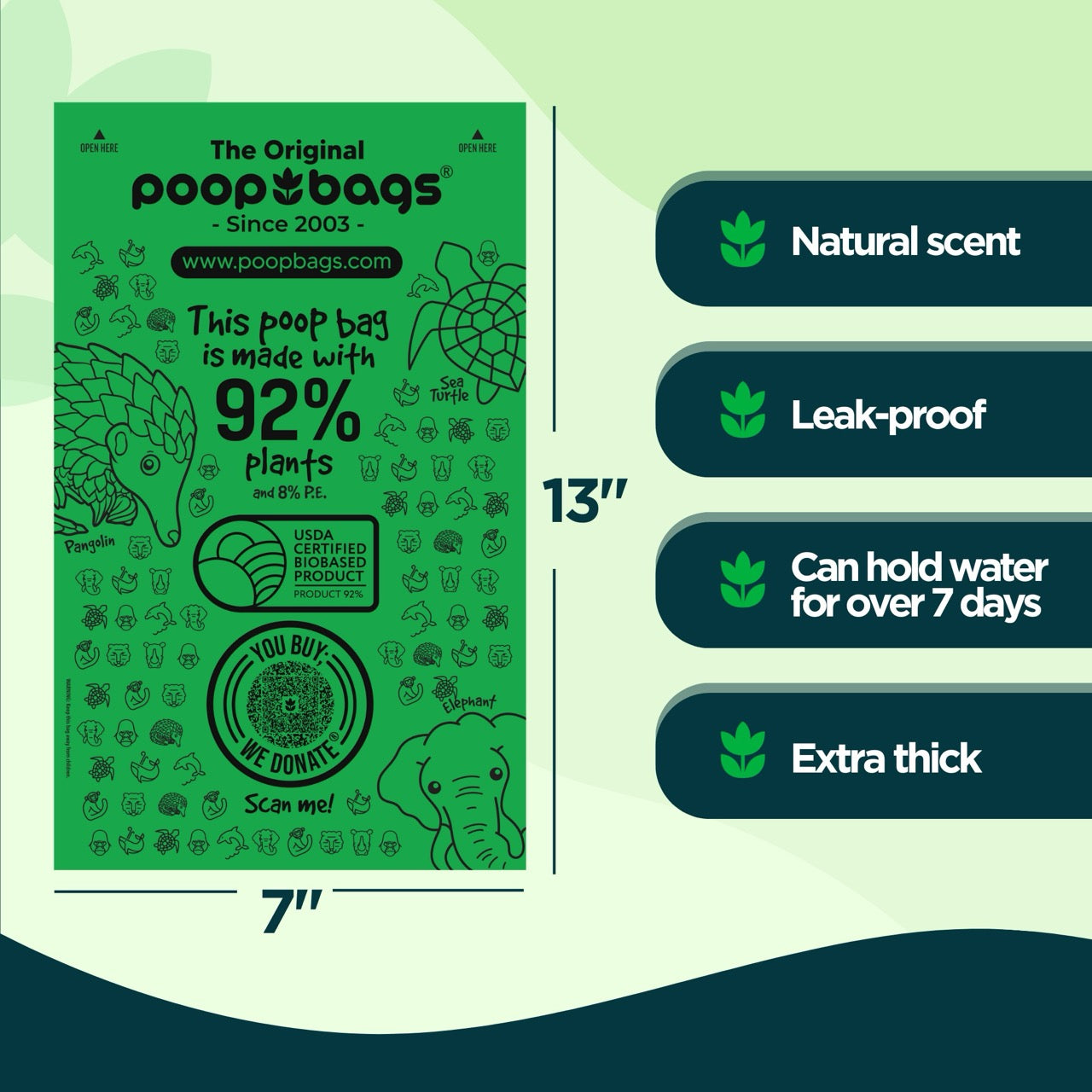 Best compostable dog poop bags made with 92% plant-based materials, extra thick, leak-proof, natural scent, and durable design