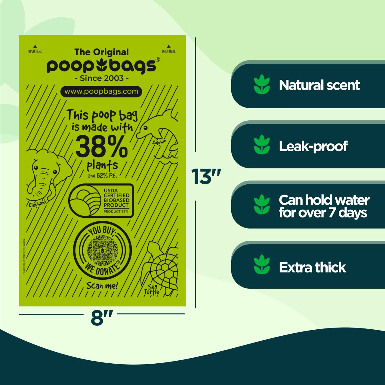 Green 8 by 13 inch plant-based dog poop bag with natural scent, leak-proof, extra thick features.