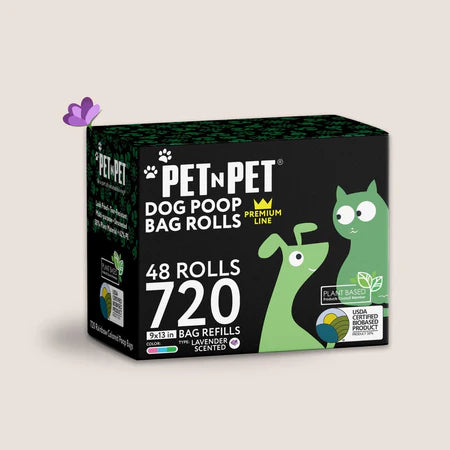 Pet n Pet compostable dog poop bag rolls in bulk 48-pack containing 720 bags total with lavender scent and eco-friendly packaging design.