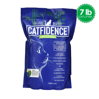 Catfidence 7 lb organic bamboo cat litter bag in blue, USDA Certified Biobased.