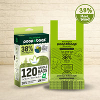 The Original Poop Bags 120 green handle bags with 38 percent plant-based material in 7 by 13.5 inch size with retail packaging.
