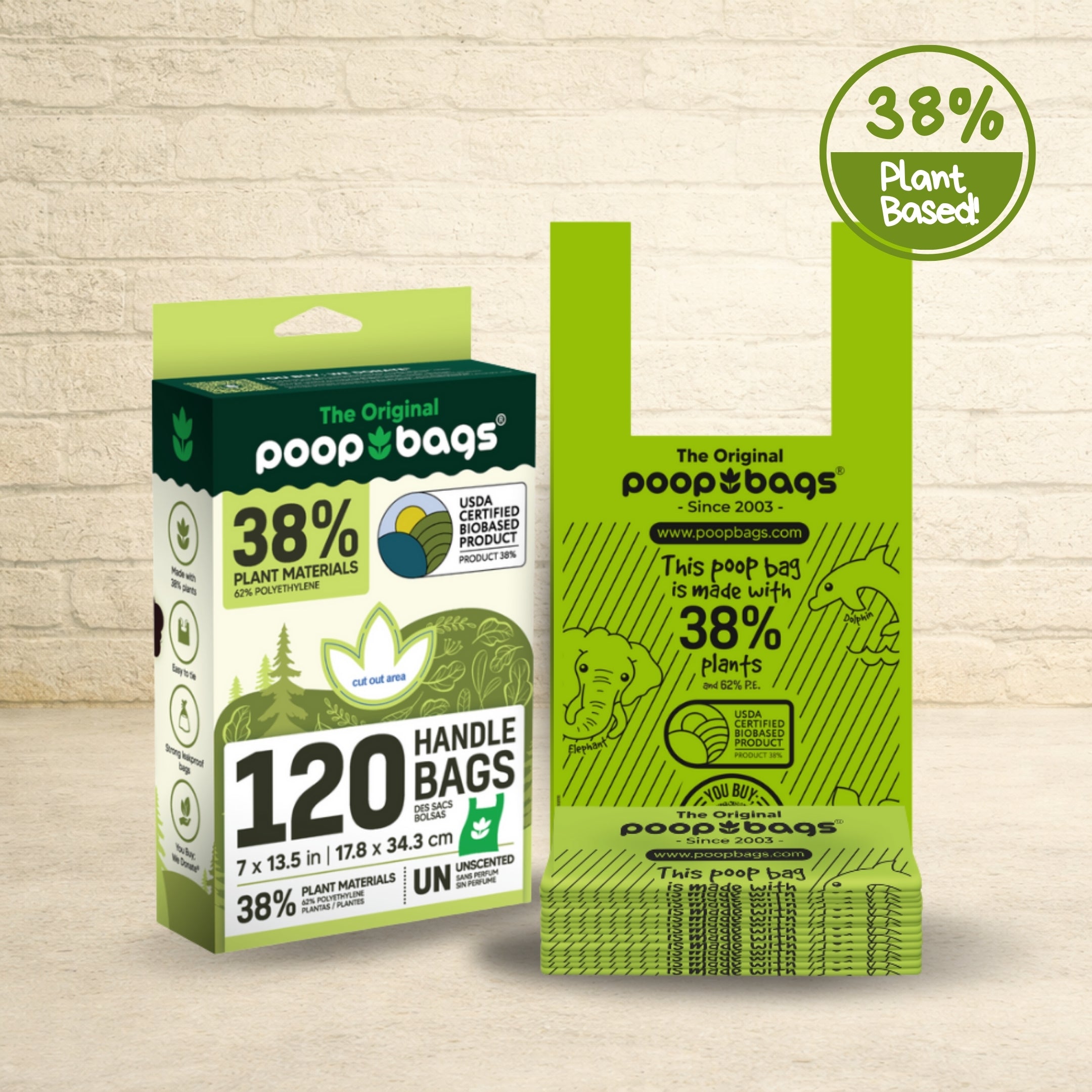 The Original Poop Bags 120 green handle bags with 38 percent plant-based material in 7 by 13.5 inch size with retail packaging.