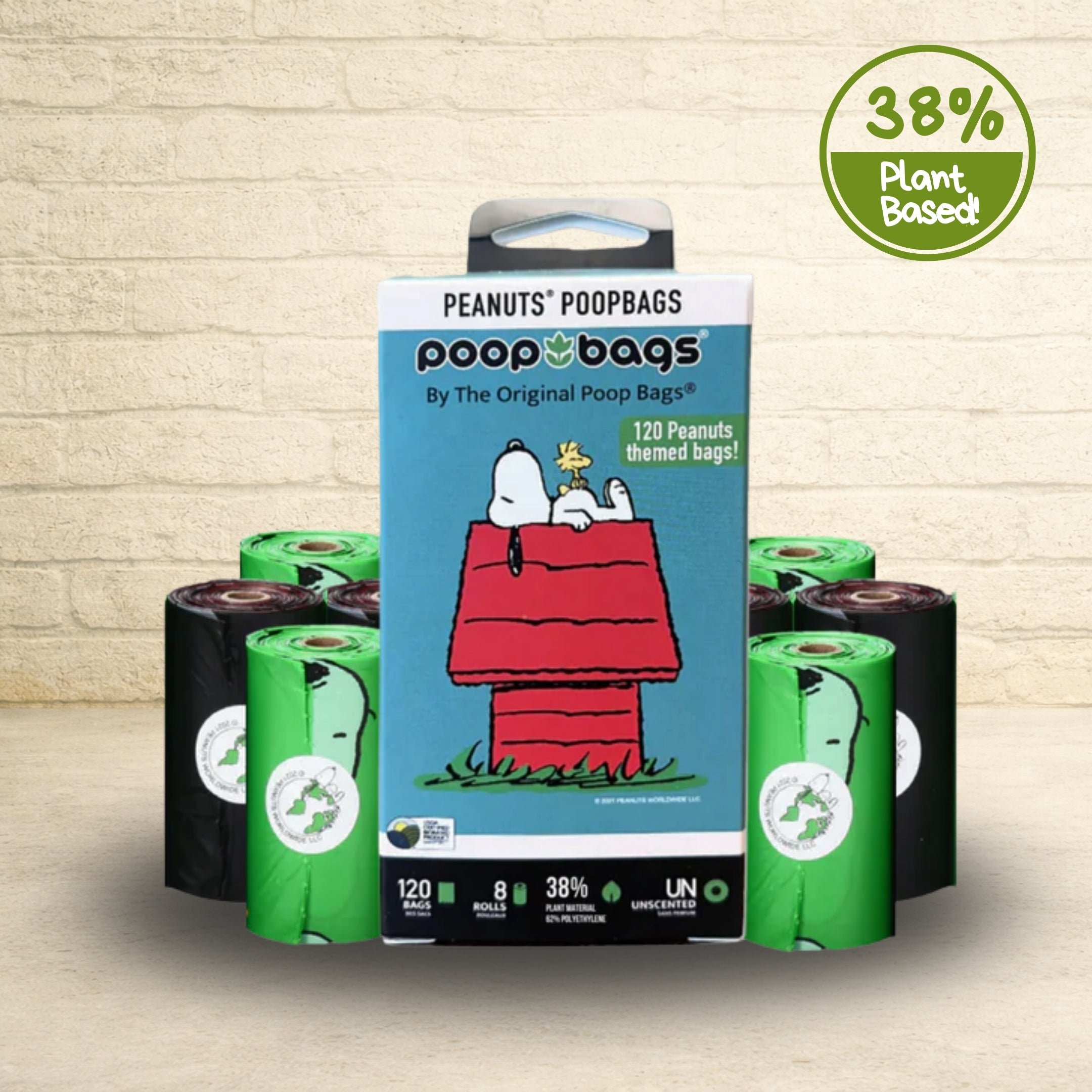 Peanuts Poop Bags by The Original Poop Bags with 120 Snoopy-themed bags in eight green and black rolls and 38 percent plant-based material.