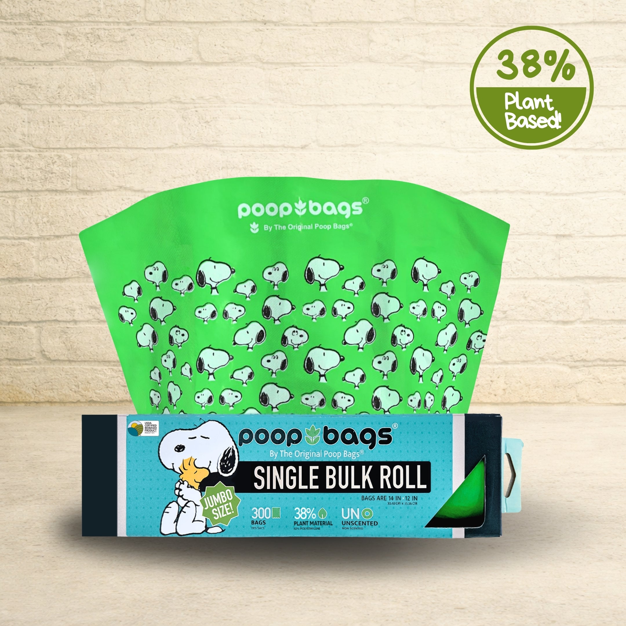 The Original Poop Bags Peanuts single bulk roll with 300 green unscented bags in jumbo 14 by 12 inch size and 38 percent plant-based material.