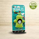 Peanuts Poop Bags green fire hydrant dispenser with Snoopy design on blue retail card including 15 biobased unscented bags.