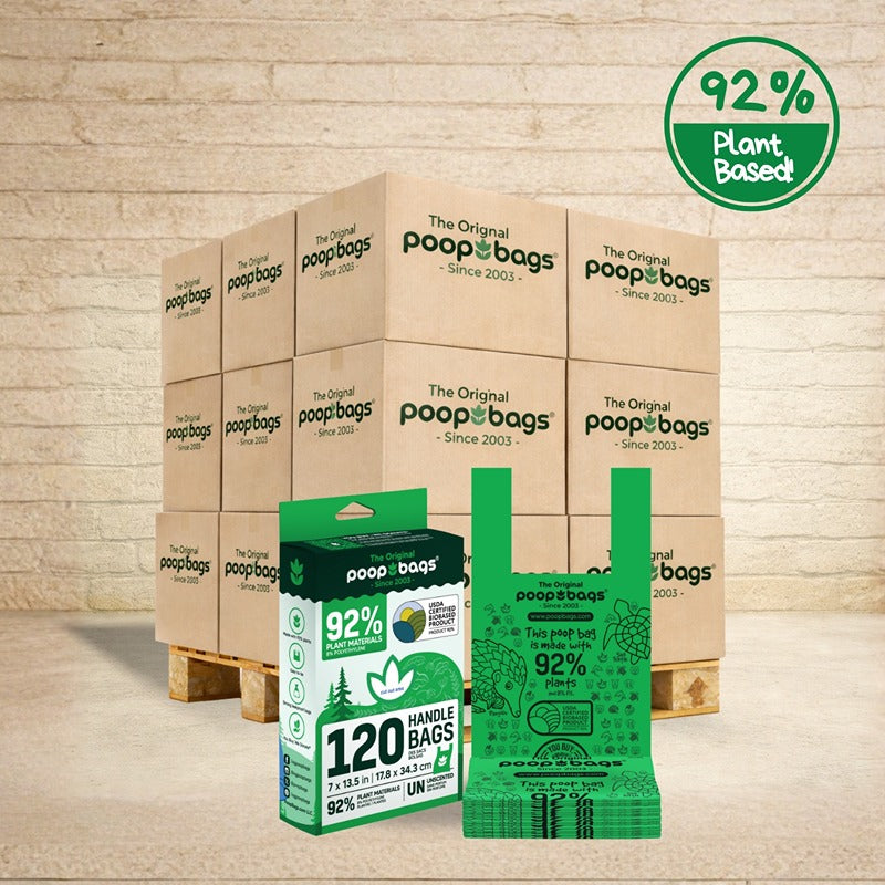 The Original Poop Bags 92% plant-based wholesale pallet with 120-count handle bag retail box and green printed bag.