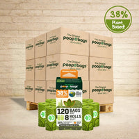 The Original Poop Bags 38% plant-based orange scented wholesale pallet with 120-count 8-roll retail box and green scented rolls.