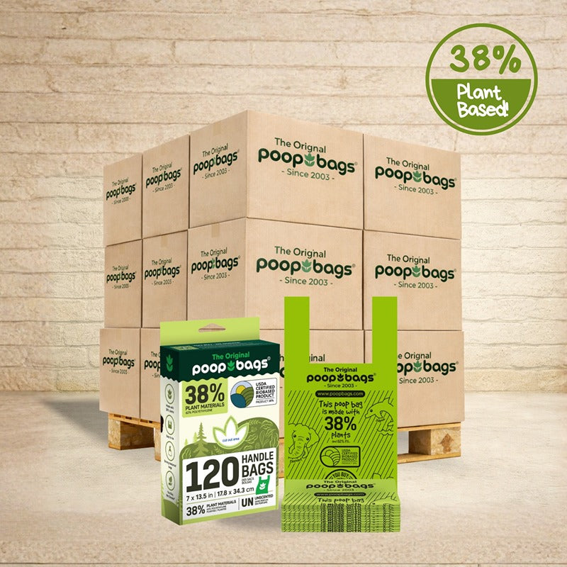 The Original Poop Bags 38% plant-based wholesale pallet with 120-count handle bag box and lime green printed bag.