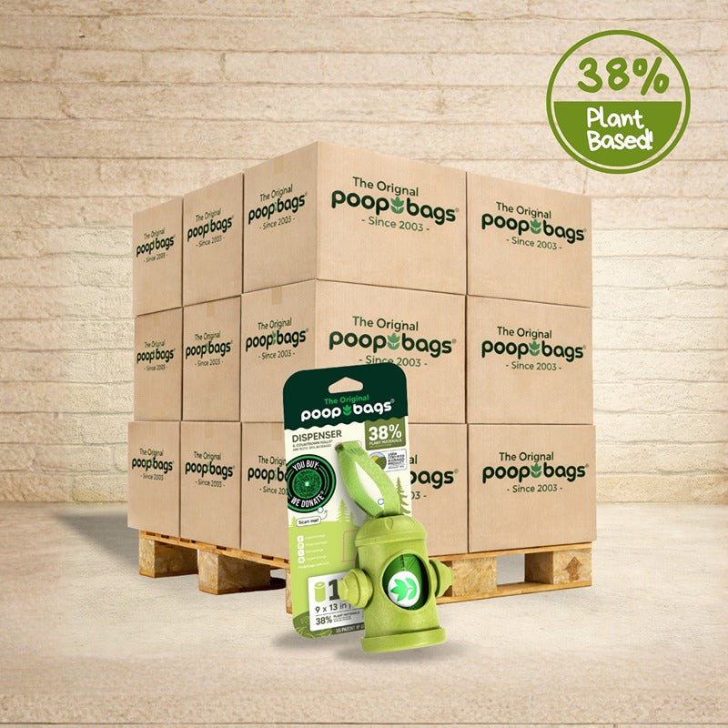 The Original Poop Bags 38% plant-based wholesale pallet with green hydrant-shaped bag dispenser and single roll retail pack.