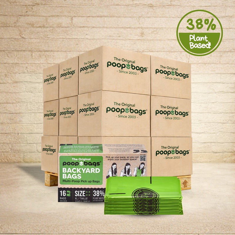 The Original Poop Bags 38% plant-based Backyard Bags XL multi-poop pickup wholesale pallet with 16-count retail pack and green bags.