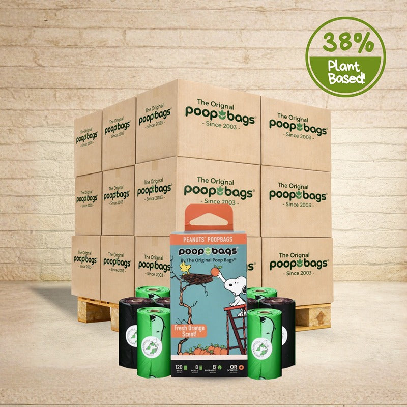 The Original Poop Bags wholesale pallet with Peanuts Snoopy fresh orange scented 120-count retail box and dark green bag rolls.