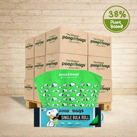 The Original Poop Bags pallet with jumbo 300-count single bulk roll and green Peanuts Snoopy-branded bag displayed in front.