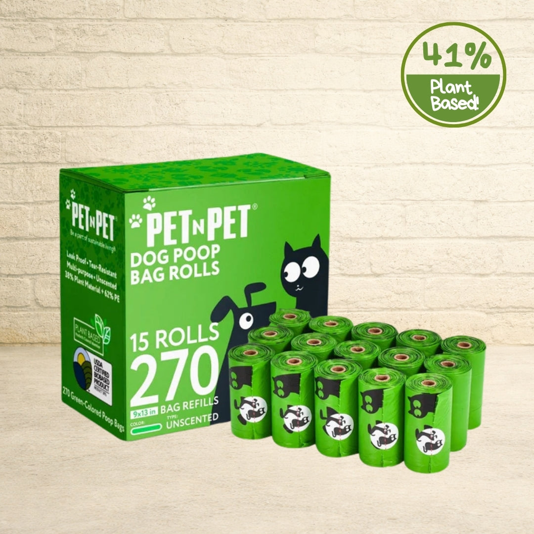 PET N PET 41% plant-based unscented 270-count 15-roll dog poop bag green box with green rolls stacked beside it.