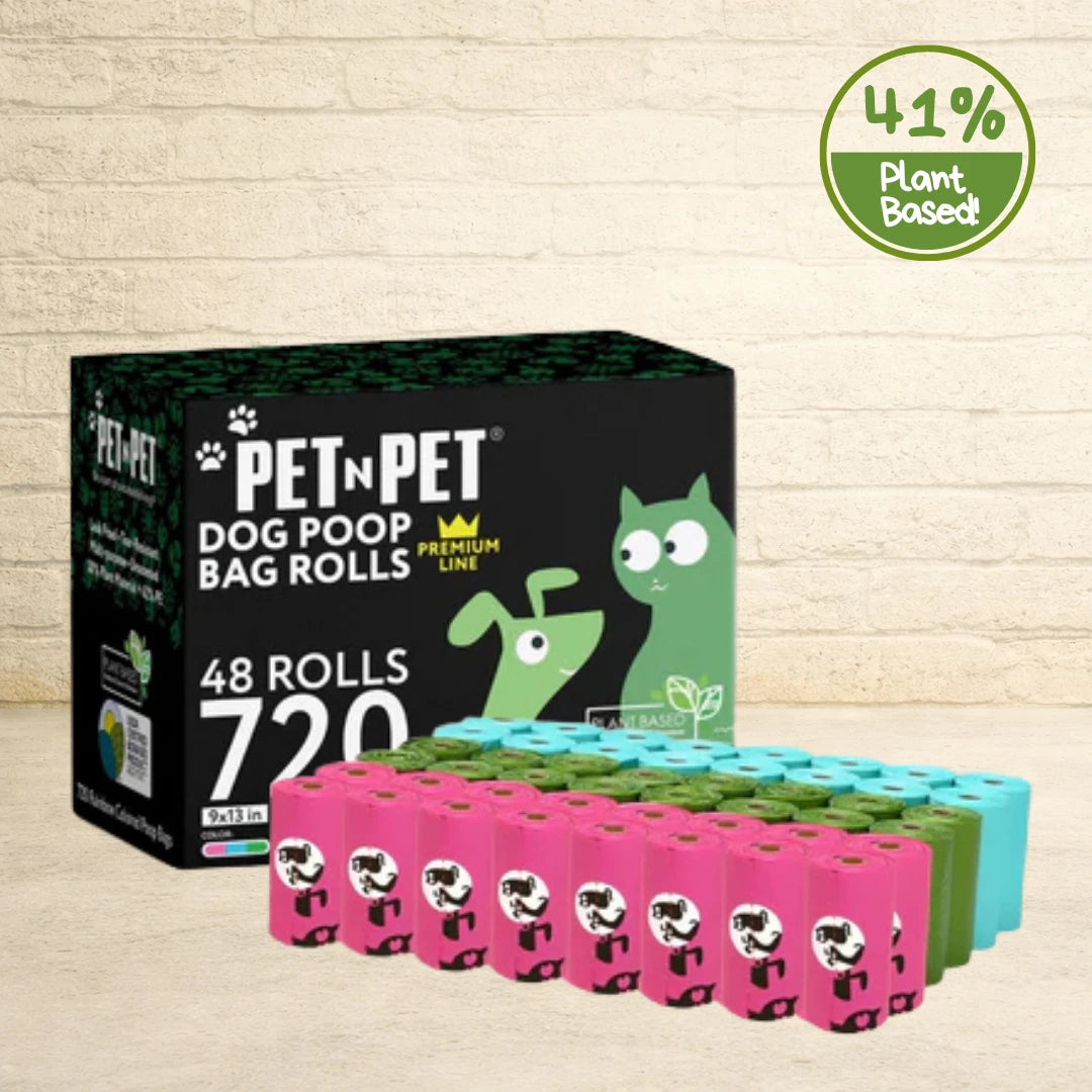 PET N PET Premium Line 41% plant-based 720-count 48-roll dog poop bag box with pink and teal rolls displayed.