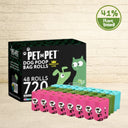 PET N PET Premium Line 41% plant-based 720-count 48-roll dog poop bag box with pink and teal rolls displayed.