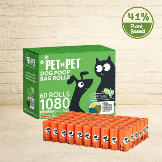 PET N PET 41% plant-based unscented 1080-count 60-roll dog poop bag green box with orange rolls arranged in rows.