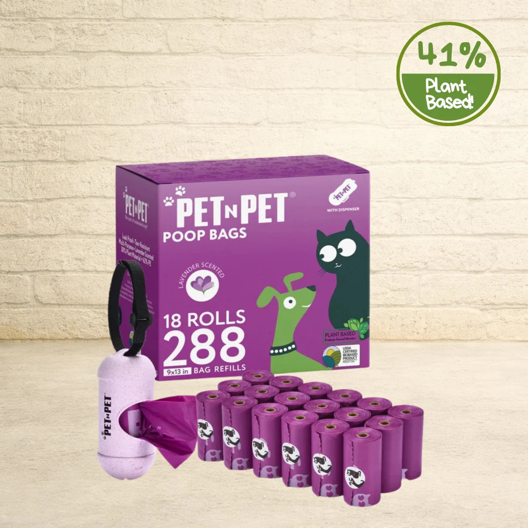 PET N PET lavender scented 41% plant-based purple 288-count 18-roll poop bag box with bone dispenser and purple rolls.