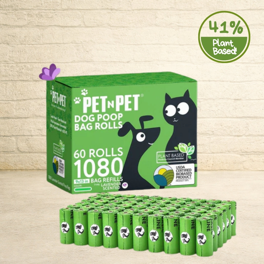 PET N PET 41% plant-based lavender scented 1080-count 60-roll dog poop bag green box with green rolls.