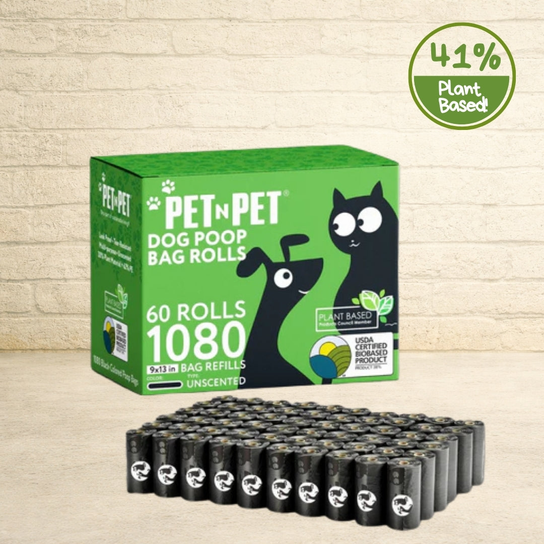 PET N PET 41% plant-based unscented 1080-count 60-roll dog poop bag green box with black rolls arranged in rows.