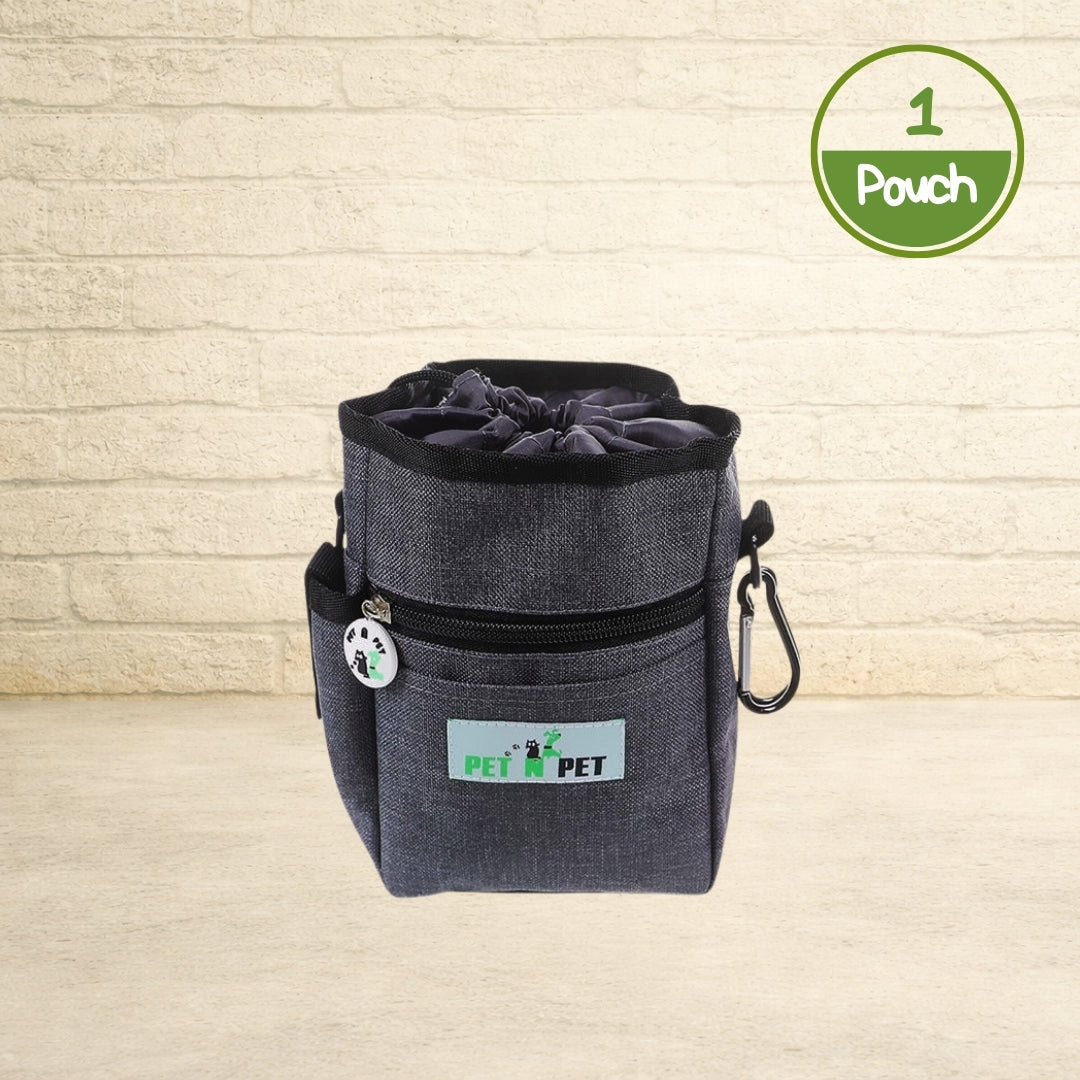 PET N PET gray dog treat training pouch with drawstring closure, zippered front pocket, and black carabiner clip.