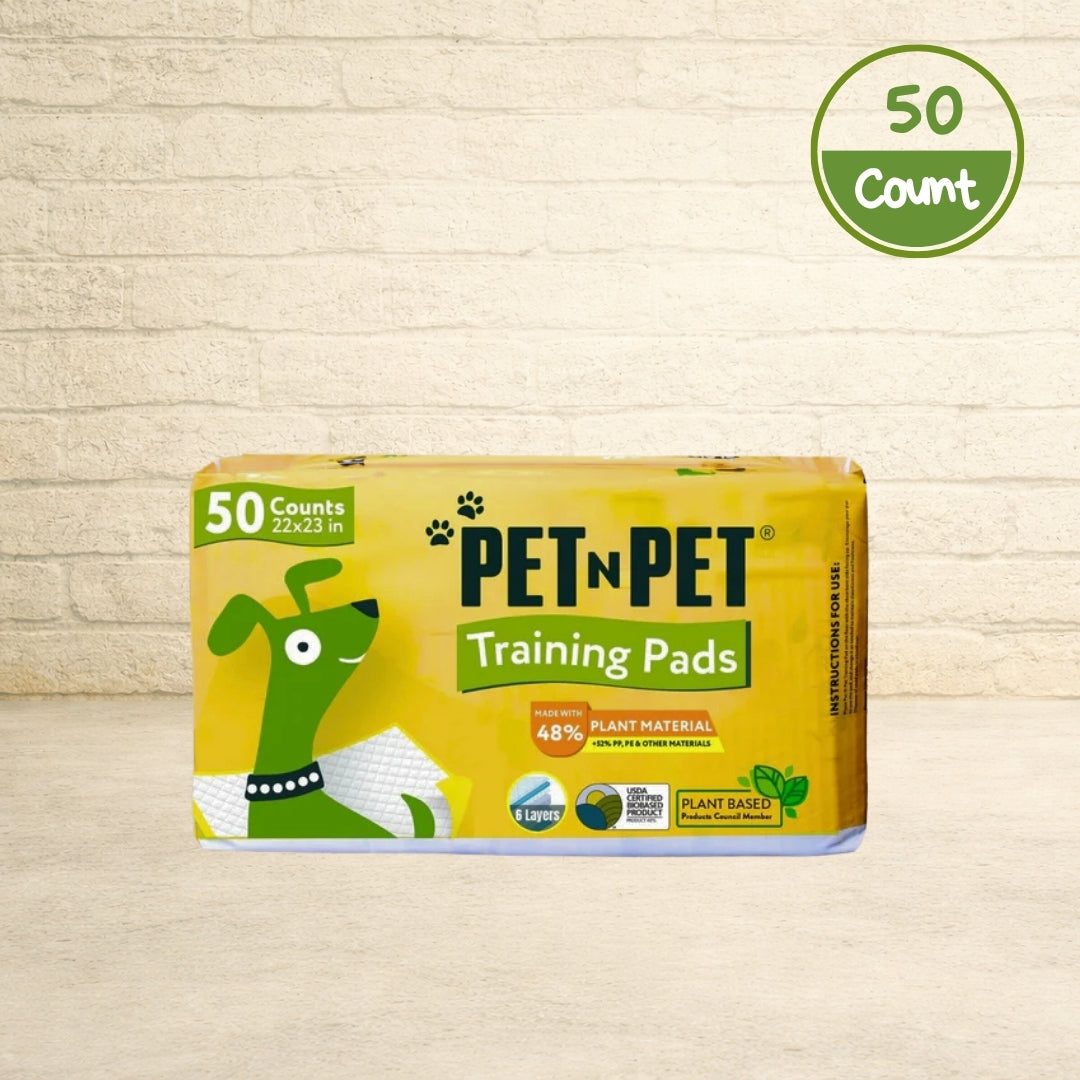 PET N PET 48% plant-based 50-count puppy training pads in yellow packaging with 22x23 inch six-layer design.
