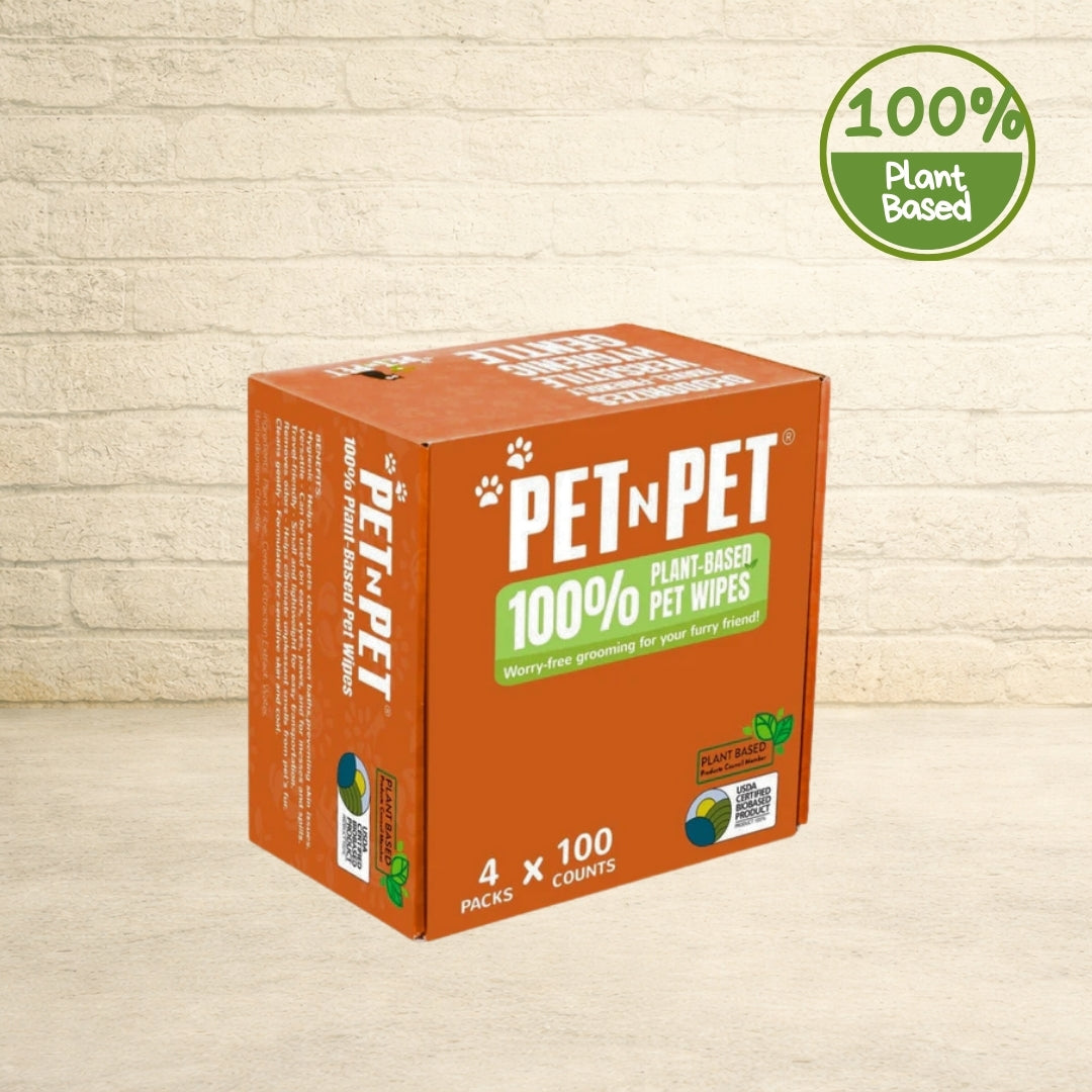 PET N PET 100% plant-based pet wipes orange box containing 4 packs of 100-count wipes for worry-free grooming.