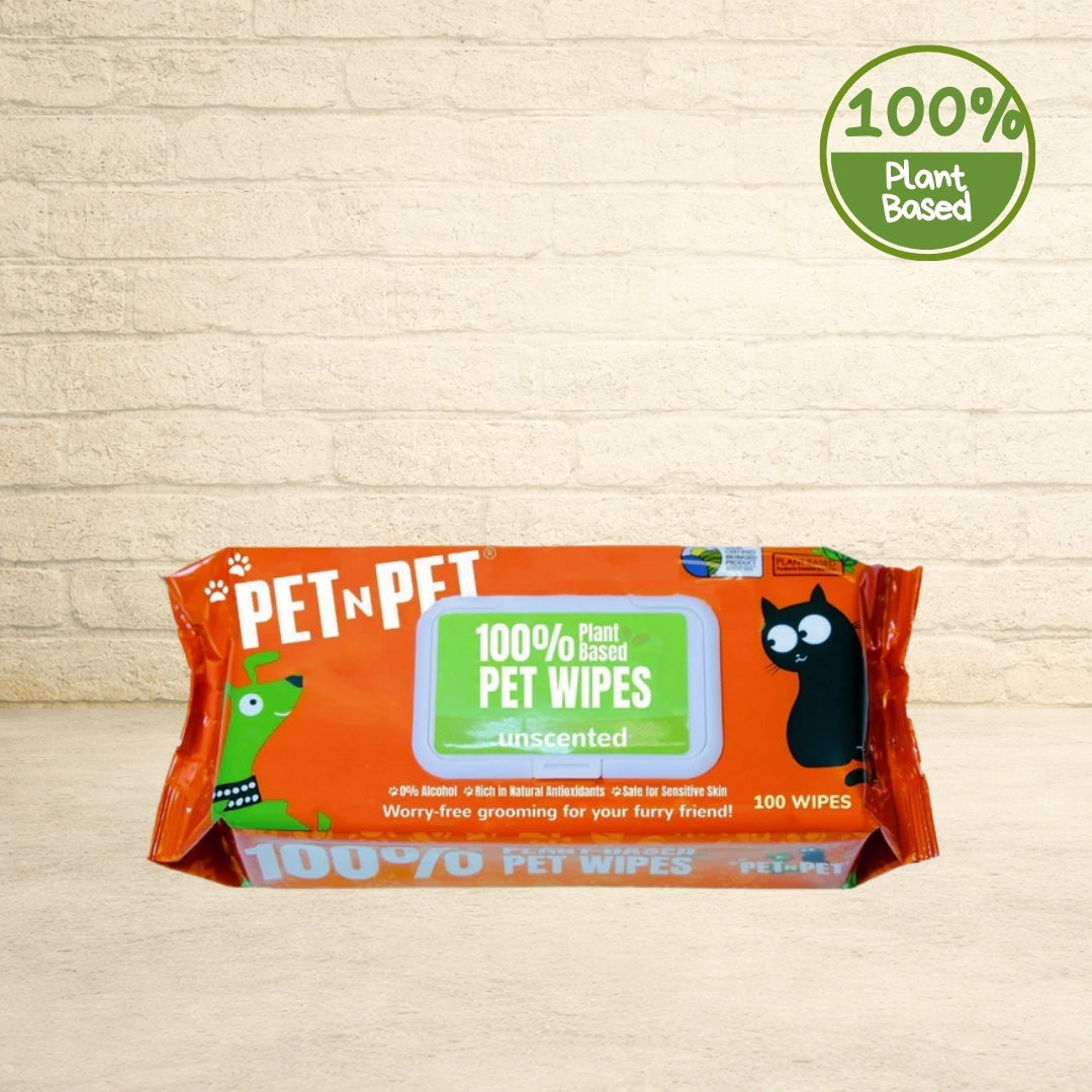 PET N PET 100% plant-based unscented pet wipes orange 100-count package for sensitive skin grooming.